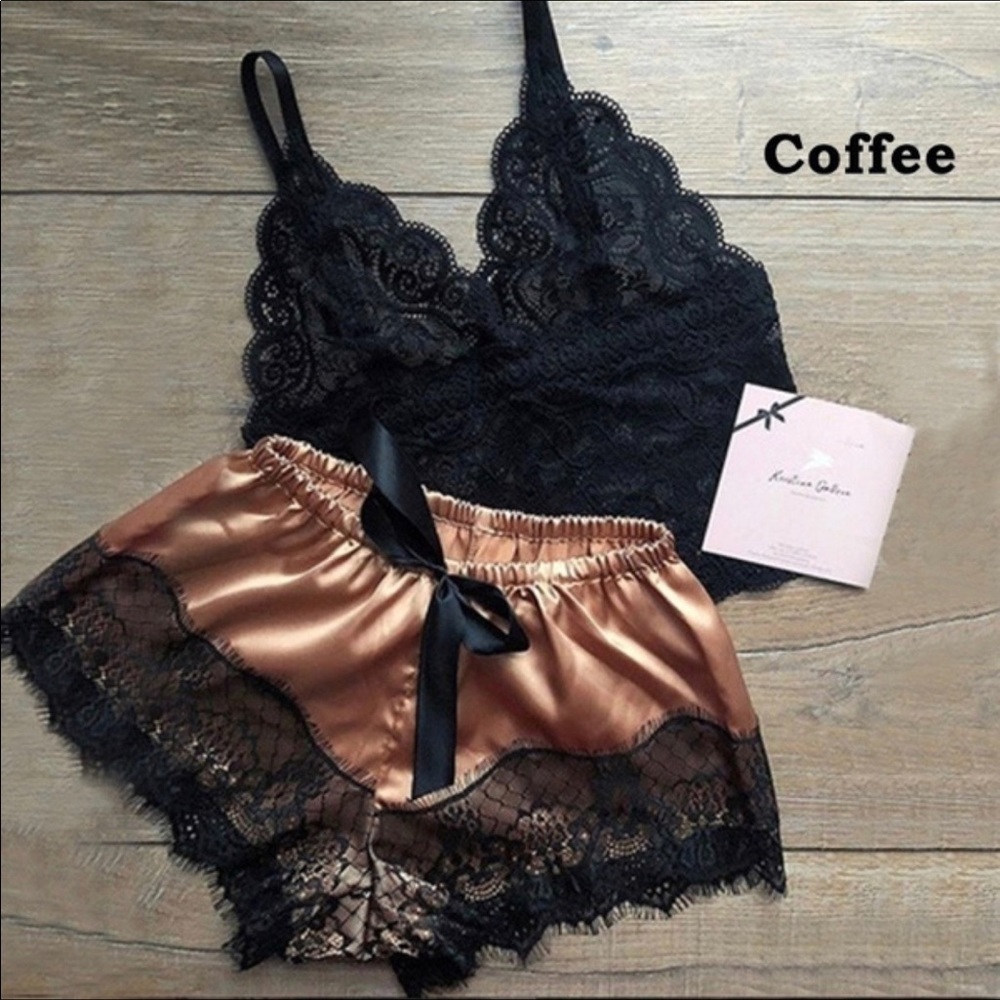 💛 NEW SEXY 💛 2 piece pajama lingerie lace cami top with shorts lace edges S